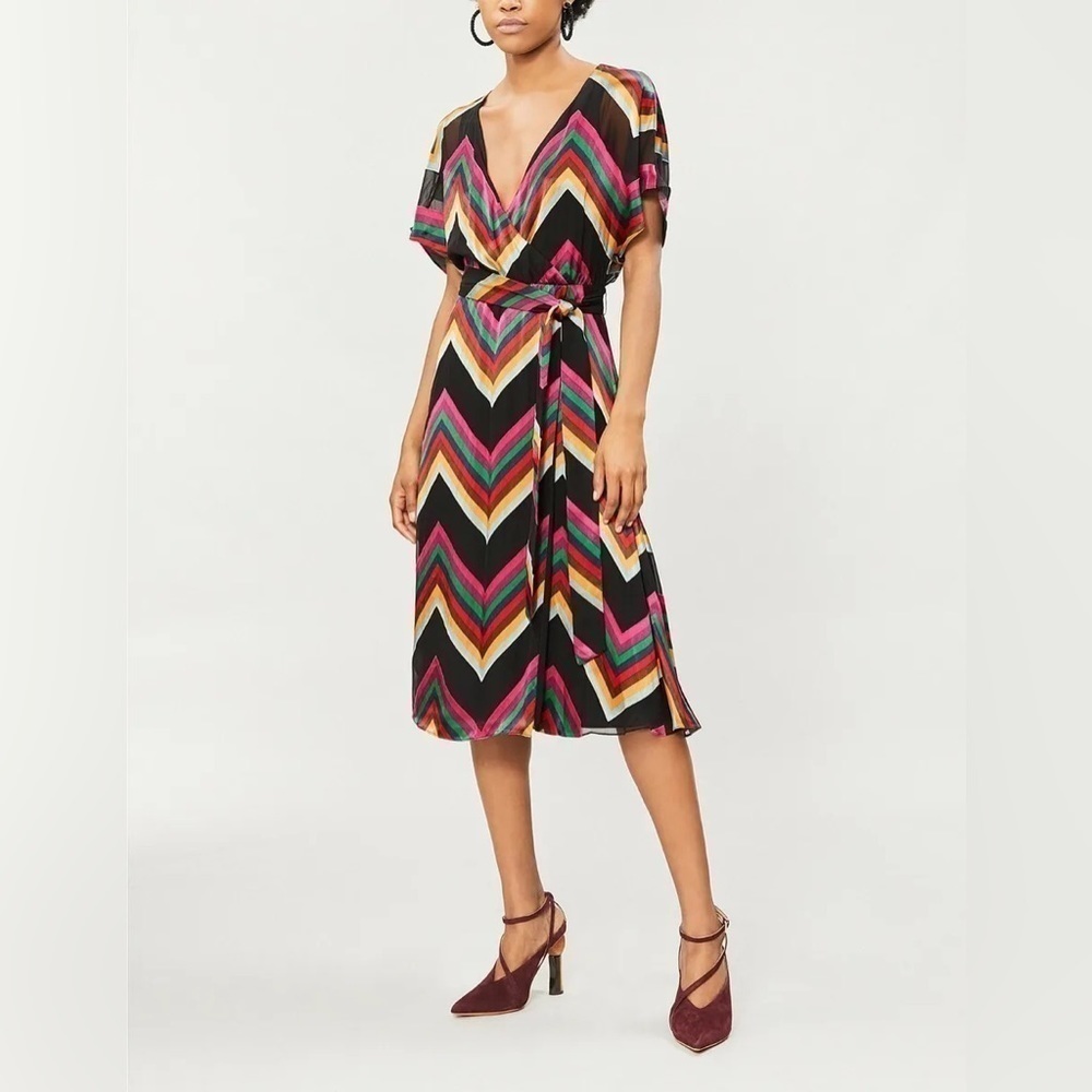 Alice + Olivia Lexa Chevron Colorful Stripe Silk Blend Midi Dress Office Rainbow